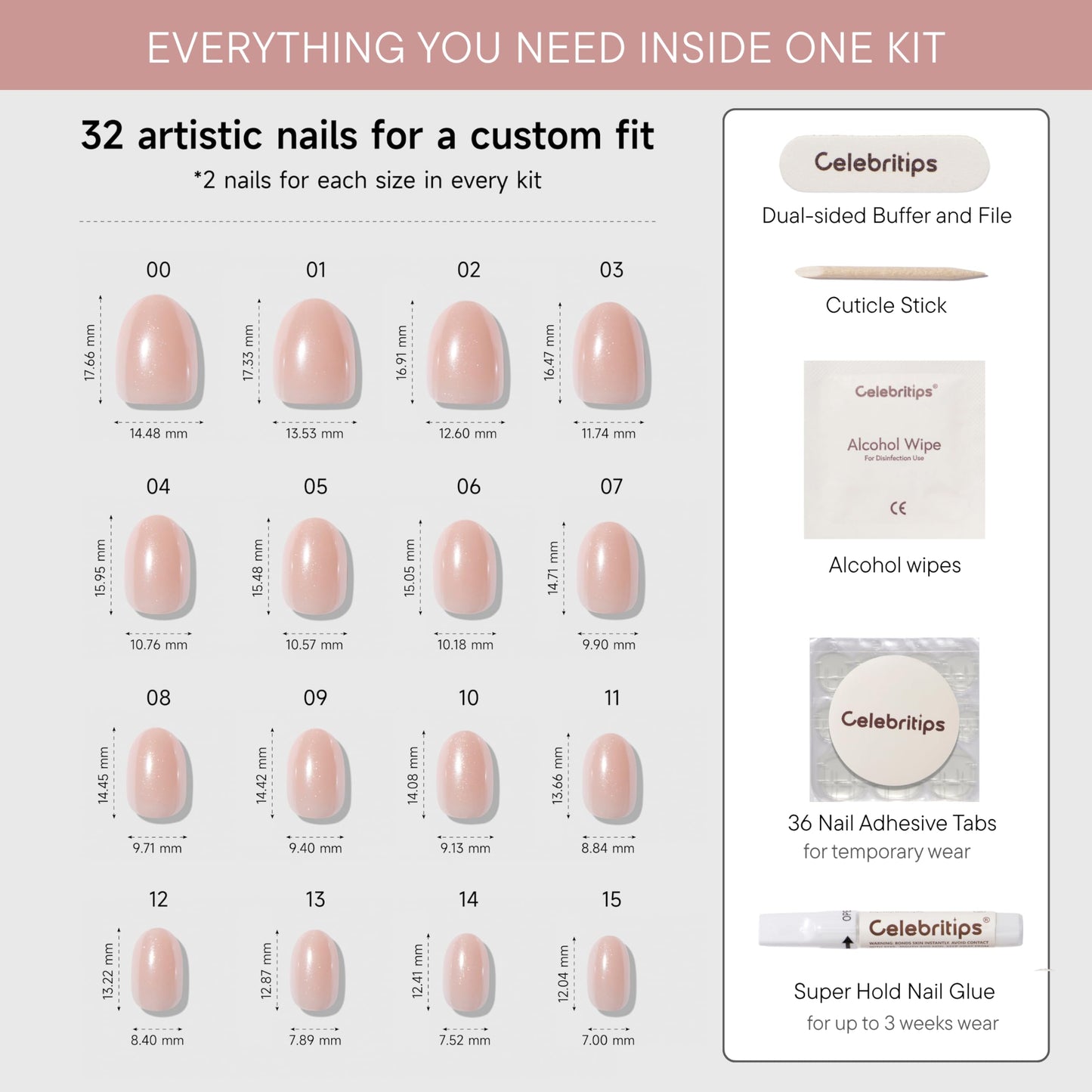 Celebritips Nail Art Press-Ons | Short Almond Nails, Reusable | 16 sizes - 32 Nails Kit with Super-hold Nail Glue and Sticky Tabs (Baby Blue Ribbon)