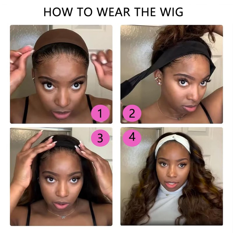 Comfair Ombre Headband Wig Human Hair #4/27 Highlight Body Wave Headband Wig Glueless None Lace Front Wig Brazilian Virgin Human Hair Wigs for Black Women Wear andGo Wig 180% Density 12 inch