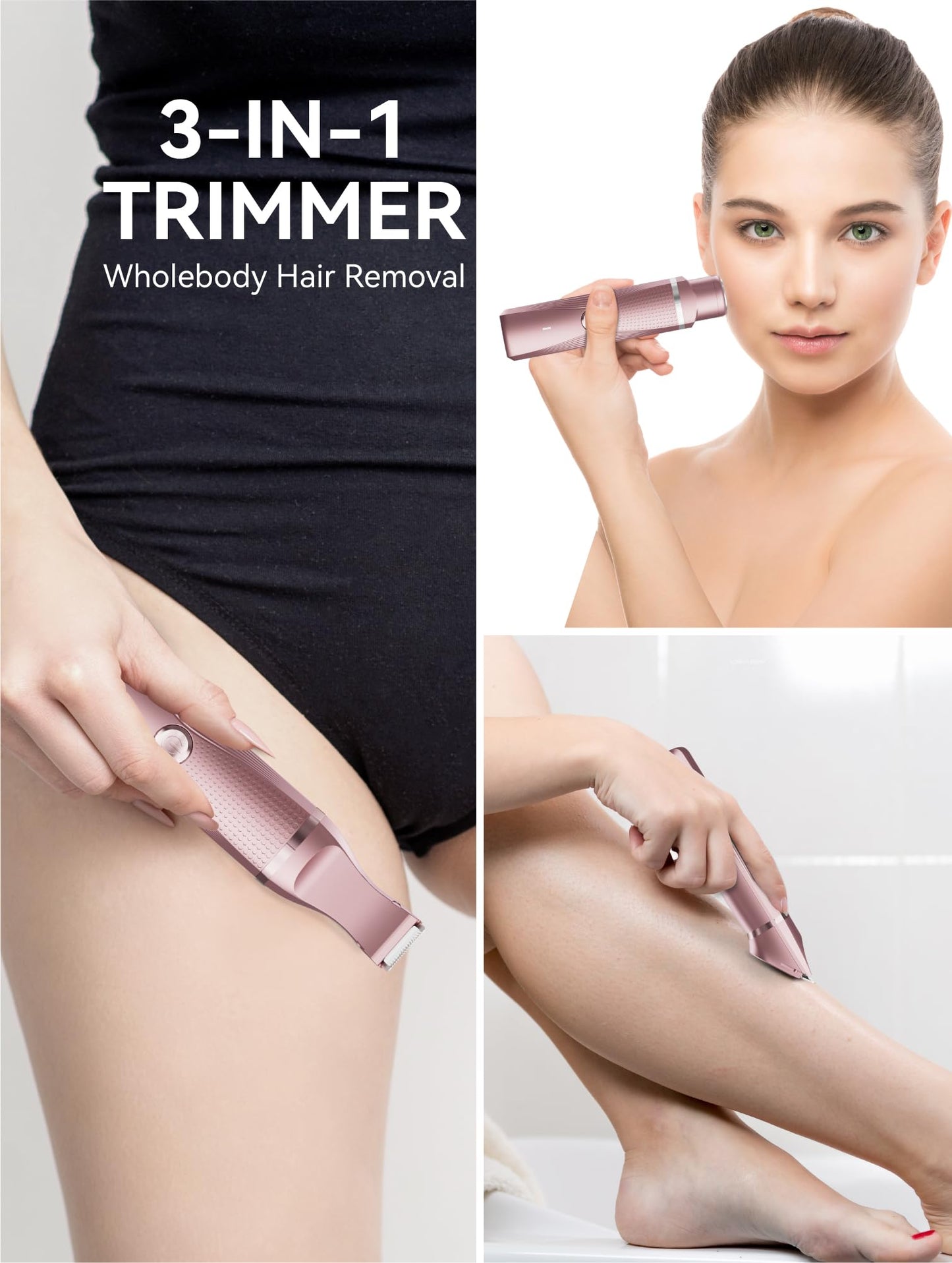 Pubic Hair Trimmer for Women-Unibono Bikini Trimmer, Replaceable 3-in-1 Electric Razors for Women, Electric Shaver in Poweverful Motor, Waterproof Personal Trimmer Groomer for Body Hair (Rose Gold)