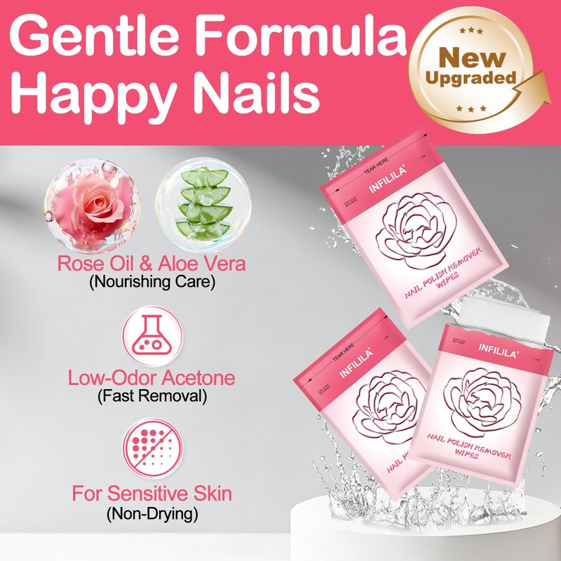 NXJ INFILILA Upgraded Nail Polish Remover Pads - Jumbo Size 50 PCS Acetone Pads with Rose Oil & Aloe Vera, Individually Sealed, Travel-Friendly, Lint-Free, for Regular Polish, Home & Salon Use