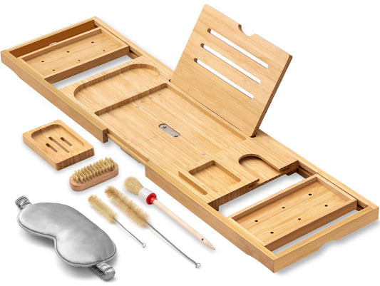 AUTODECO Bathtub Tray, Bamboo Bath Tray for Tub, Expandable Bath Tray with Bamboo Book Stand, Soap Tray, Bathtub & Bathroom Accessories Perfect for Home Spa, Natural Colour