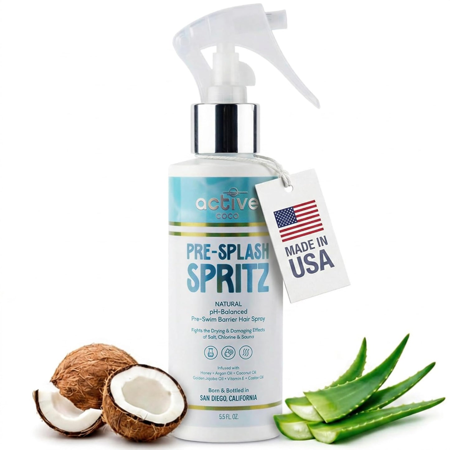 Pre-Swim Hair Protection Spray – Chlorine, Salt Water & Sauna for Swimmers - Coconut Oil, Jojoba, Aloe Vera & Vitamin E Leave-In Conditioner - Protects Color-Treated & Dry Hair, Made in USA