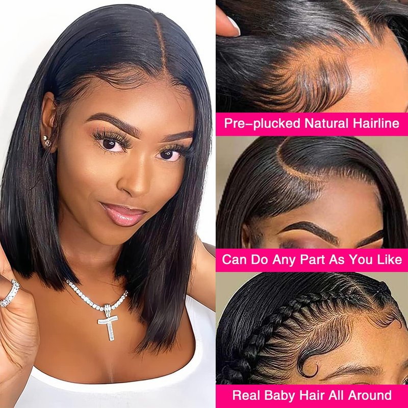 Bob Wig Human Hair 13x4 Frontal Lace Wig Human Hair 180 Density Glueless Pre Plucked with Baby Hair Straight Bob Wigs for Black Women 180% Density Pre Plucked Natural Color 12 inch