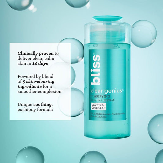 Bliss Daily Acne Routine Kit, 2pc Set- Clear Genius Toner + Serum, and Cleanser - Cleanse and Tone for Acne- Clean, Vegan, Cruelty-Free Skincare