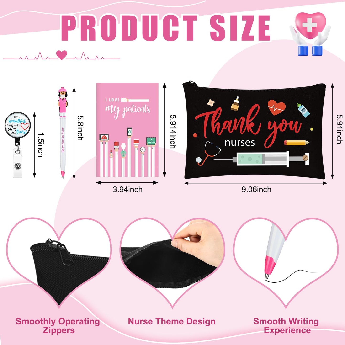 Yeaqee 48 Pcs Nurse Gifts Bulk, Include Makeup Bags Pocket Notebooks Ballpoint Pens Badge Reels, Nursing Gifts for Women RN CNA Medical Assistant Hospital Staff(Black,Nursing)