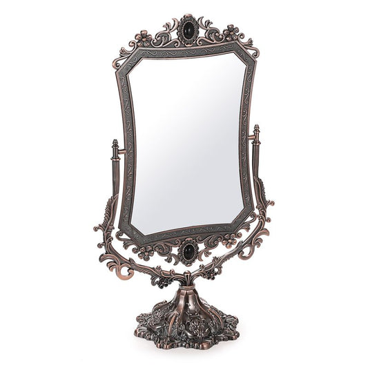 JUXYES Metal Tabletop Antique Decorative Makeup Mirror with Stand, Vintage 360° Swivel Double Sided Cosmetic Mirror with Frame, Retro Desktop Dressing Mirror Magic Mirror for Dresser