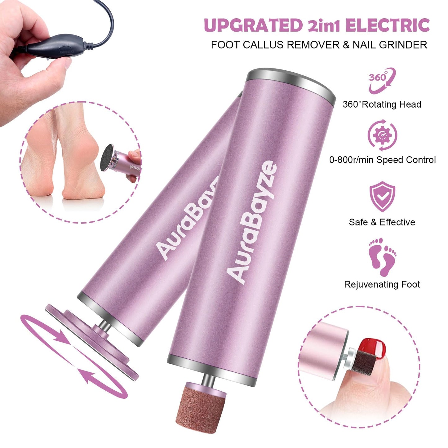 Upgraded Electric Foot File Callus Remover for Feet,Professional 2 in 1 Foot Scrubber Electric Foot Callus Remover Nail Grinder with 0-800r/min Speed Controller, Pedicure Tools for Famliy Use (Pink)