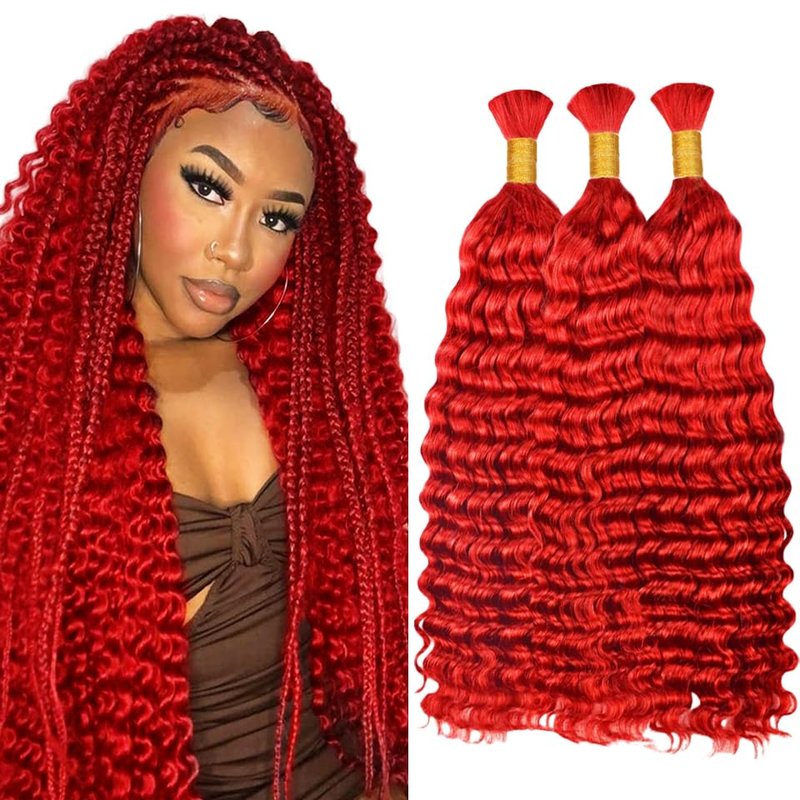 Red Boho Braiding Hair - Deep Wave Burgundy Human Hair Extensions for Women | 28 Inch