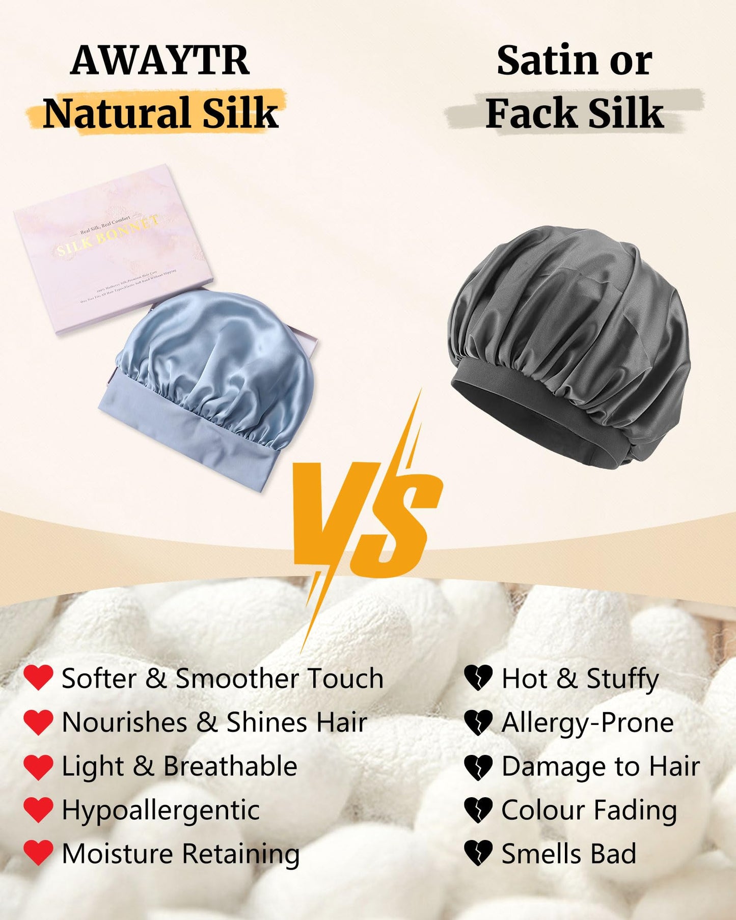 AWAYTR 100% Mulberry Silk Bonnet for Long Hair Sleeping Women Kids