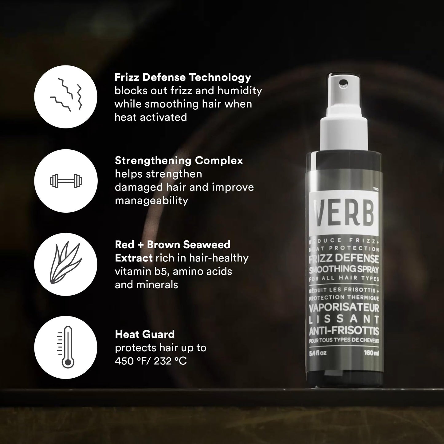 VERB Frizz Defense Smoothing Spray, 5.4 fl oz – Anti-Frizz Shield + Heat Protection for Sleek Blowouts – No Parabens, Gluten, or Harmful Sulfates – All Hair Types