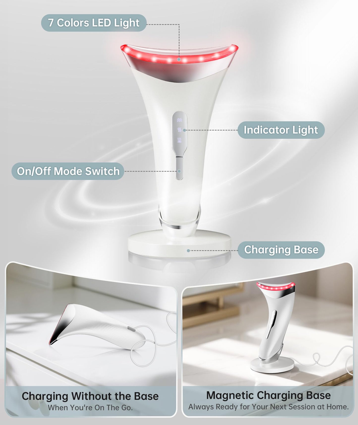 Dopsikn Red Light Therapy for Face and Neck, 7 Color Facial Massager with Adjustable Vibration and Thermals for Wrinkles, Double Chin, Portable Skin Care Tool with Base, White