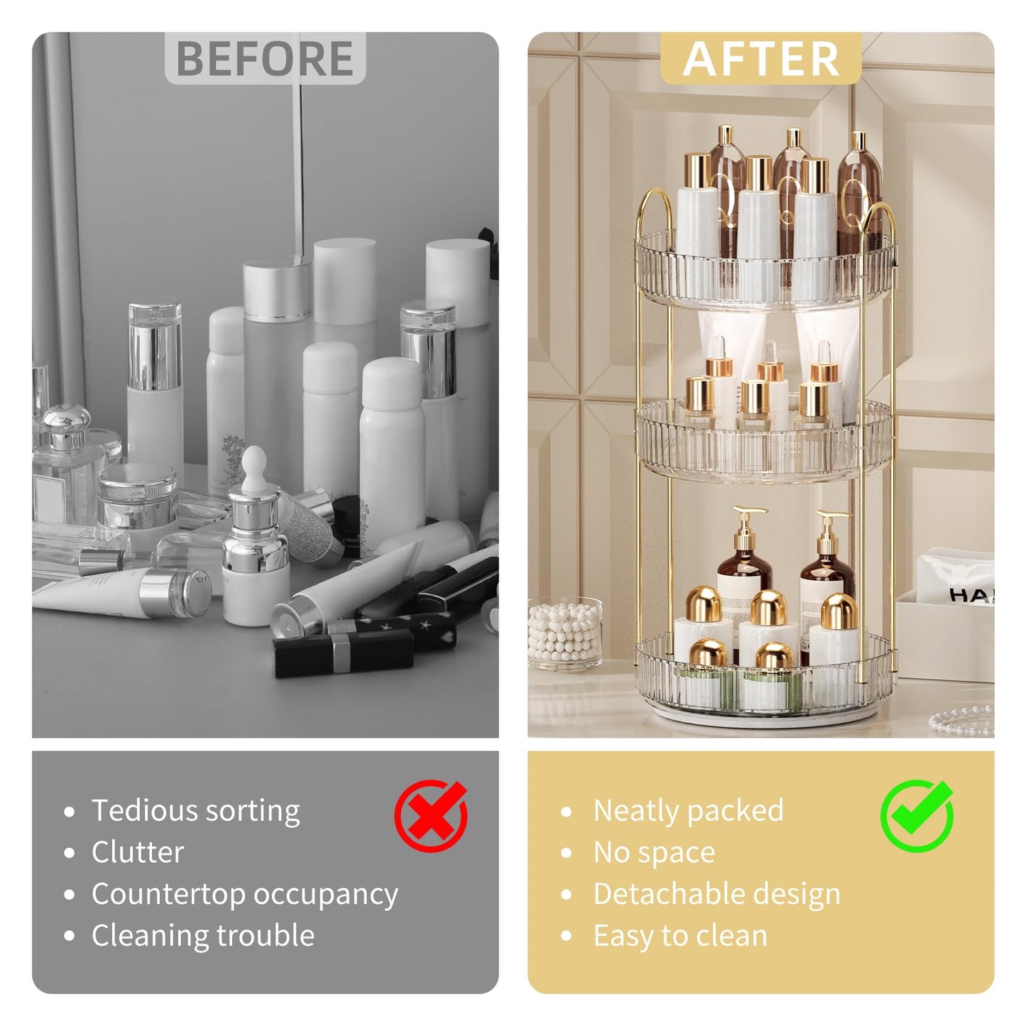360° Rotating Makeup Organizer for Vanity - 3 Tier Perfume Organizer with Large Capacity - Skincare Organizer for Bathroom Counter - Space-Saving Cosmetic Storage for Dresser Countertop (Clear)