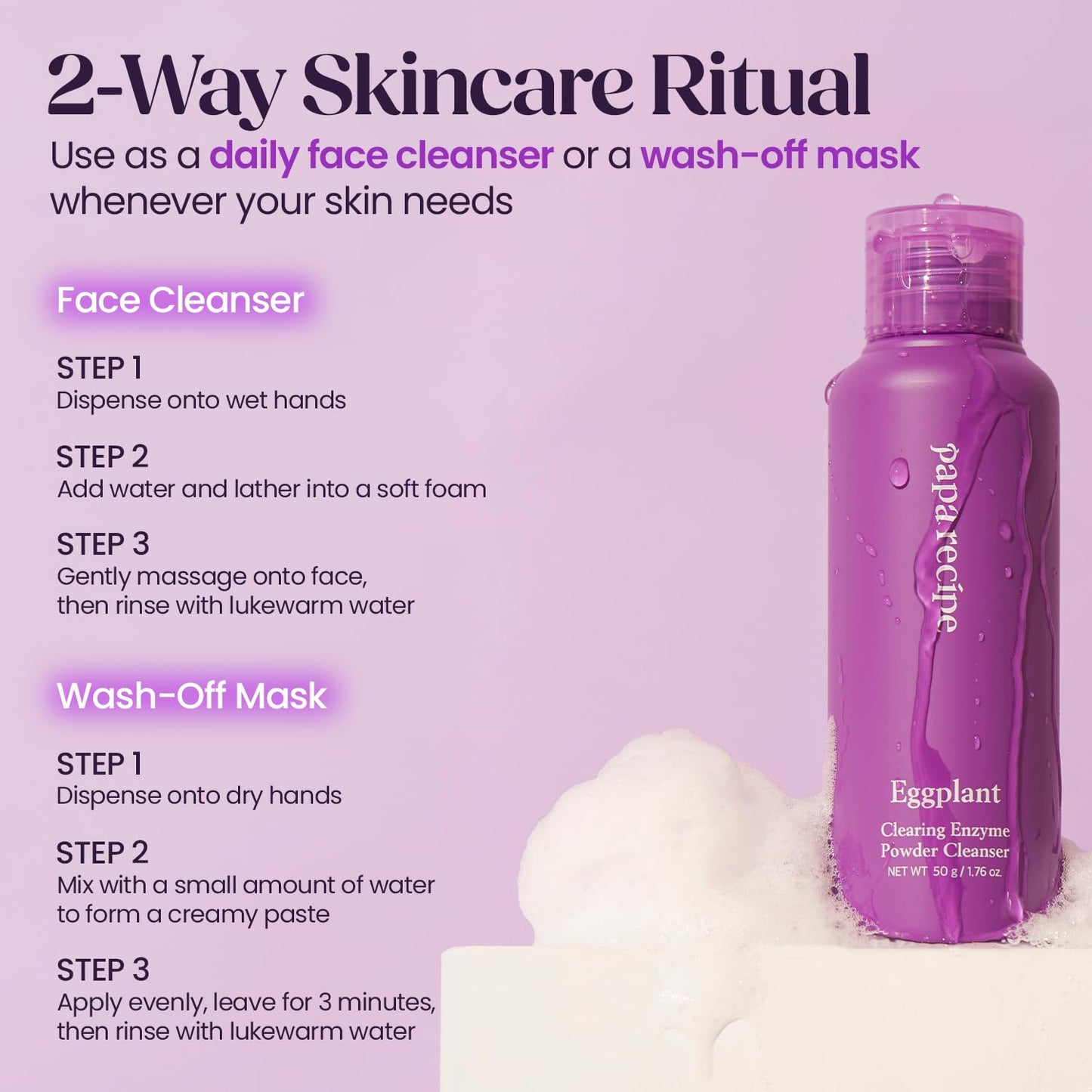 Papa Recipe Eggplant Enzyme Powder Cleanser (1.7oz/50g) – Travel-Friendly Korean Enzyme Powder-to-Foam Face Wash, Oil-Moisture Balance, Hydrating, Gentle Exfoliation, Smooth Texture & Pore Care