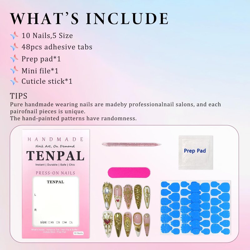 TENPAL 10Pcs Handmade Egyptian Press On Nails With Tools,Golden Palace Long Stiletto Glue on Nails,Glossy Sacred Rose & Cross Charms Fake Nails with Crystal Luxe,Acrylic Nails for Women Gifts(M)