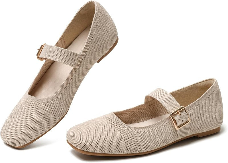 Knit Flats for Women - Square Toe Slip-On Casual Ballet Shoes | Adjustable Strap, Soft & Foldable Mary Jane Design