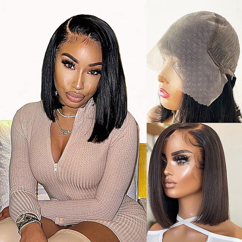 Karlami Bob Wig Human Hair Straight HD Lace Front Bob Wigs for Black Women Human Hair Pre Plucked Glueless Side Part Middle Part C Part 150% Density Human Hair Natural Black 13X6 12 Inch