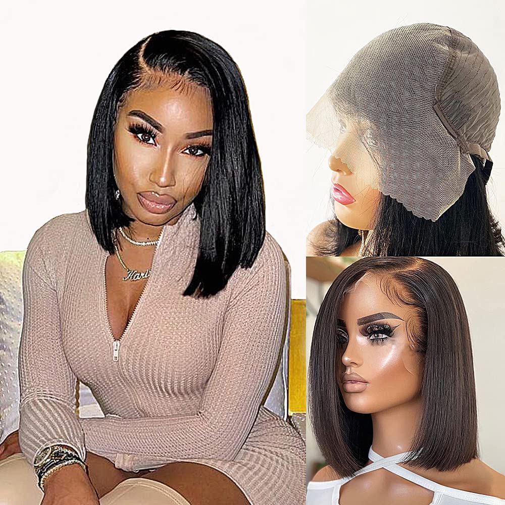 Bob Wig Human Hair 13x6 HD Lace Front Wigs Human Hair 180% Density Straight Lace Front Bob Wigs for Black Women Pre Plucked Pre Cut 100% Brazilian Virgin Real Hair Glueless Wigs Black Color 12 Inch