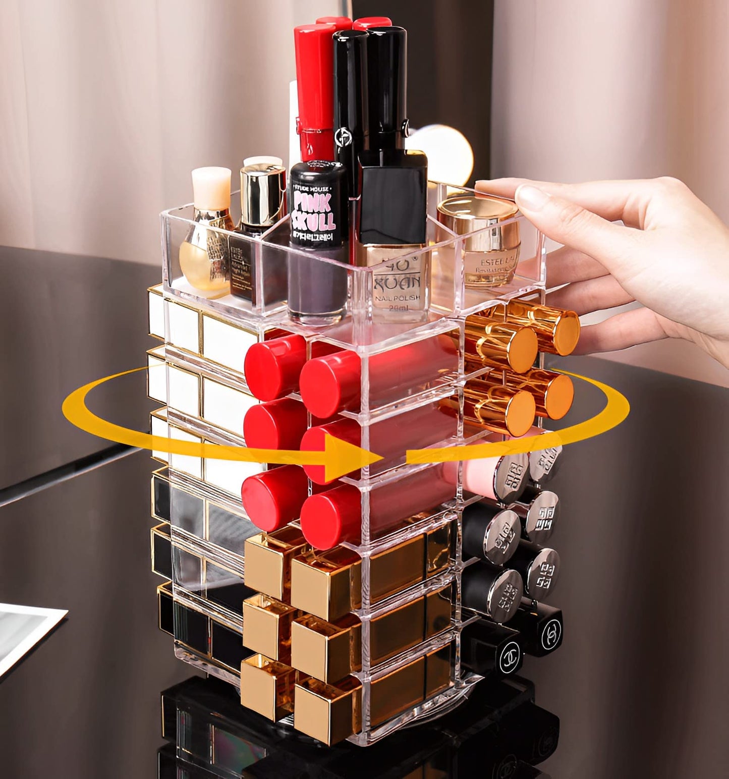 Sooyee 360 Degree Spinning Lipstick Organizer Holder 53 Spaces, Acrylic Cosmetic Display Cases for Lipstick, Brushes, Bottles, and More, Clear
