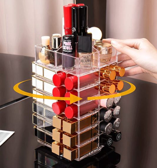 Sooyee 360 Degree Spinning Lipstick Organizer Holder 53 Spaces, Acrylic Cosmetic Display Cases for Lipstick, Brushes, Bottles, and More, Clear