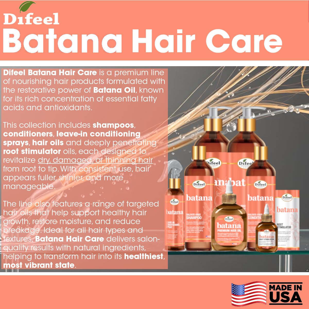 Difeel Batana Shampoo - Strengthening Sulfate-Free Formula for Thicker, Smoother Hair | 12 Ounces