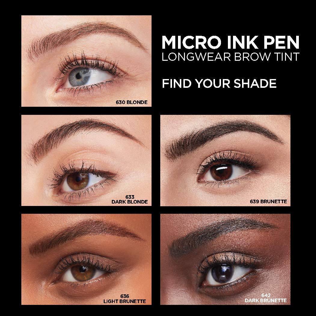 L'Oreal Paris Micro Ink Pen by Brow Stylist, Longwear Brow Tint, Hair-Like Effect, Up to 48HR Wear, Precision Comb Tip, Light Brunette, 0.033 fl; oz.
