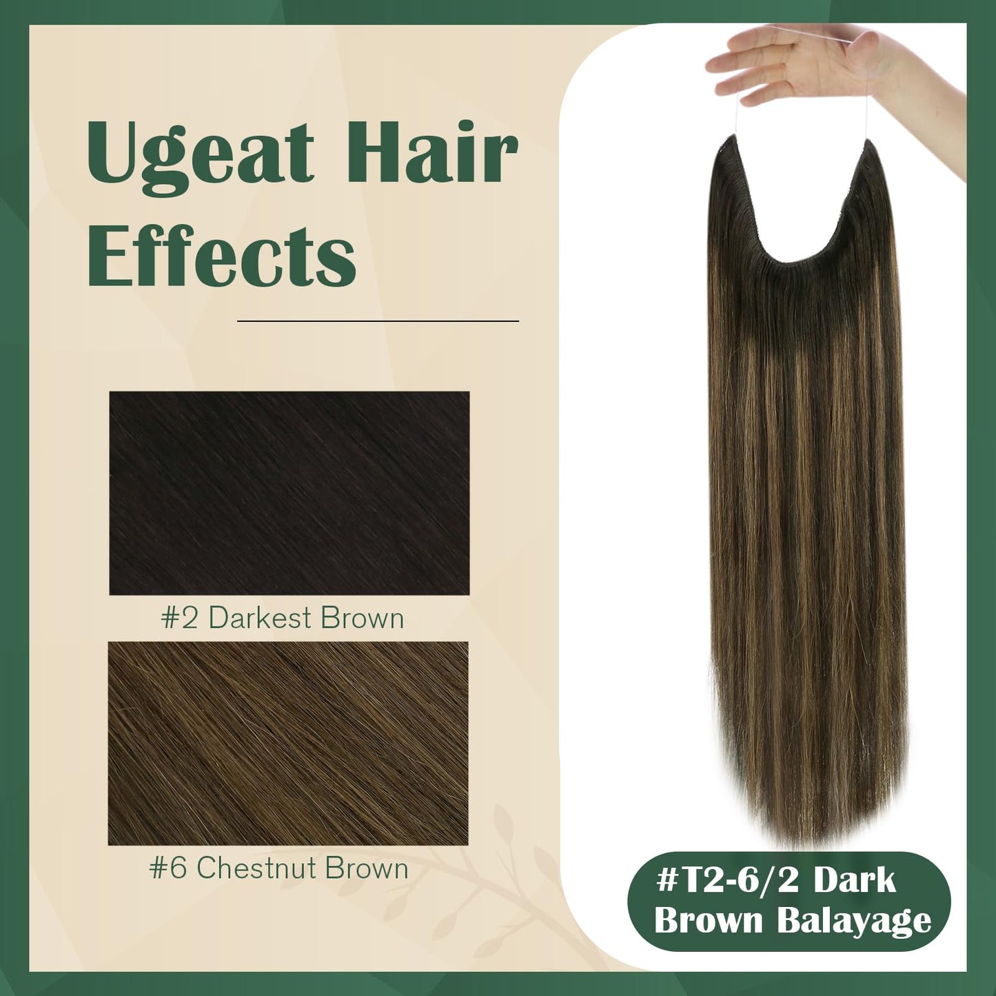 Ugeat Invisible Wire Hair Extensions Dark Brown Balayage Human Hair Extensions Invisible Wire Balayage Medium Brown Ombre Invisible Fish Line Hair Extension for Women Straight Hair 70g 14 inch