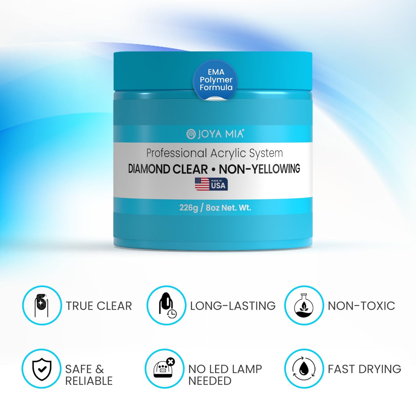 Joya Mia Acrylic Powder for Nails, MMA-Free, Super Adhesion Professional Powder for Flawless & Long-Lasting Nail Enhancements, Easy Application, Vibrant & Stunning Colors - Diamond Clear, 8 oz