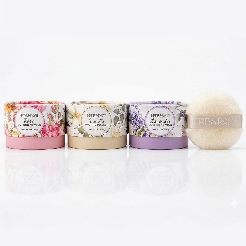 Herb & Root Talc Free Body Dusting Powders. Rose, Vanila, Sandalwood, Lavender, Jasmine, and Gift Sets (Travel Size, Lavender, Rose, Vanilla, Puff)