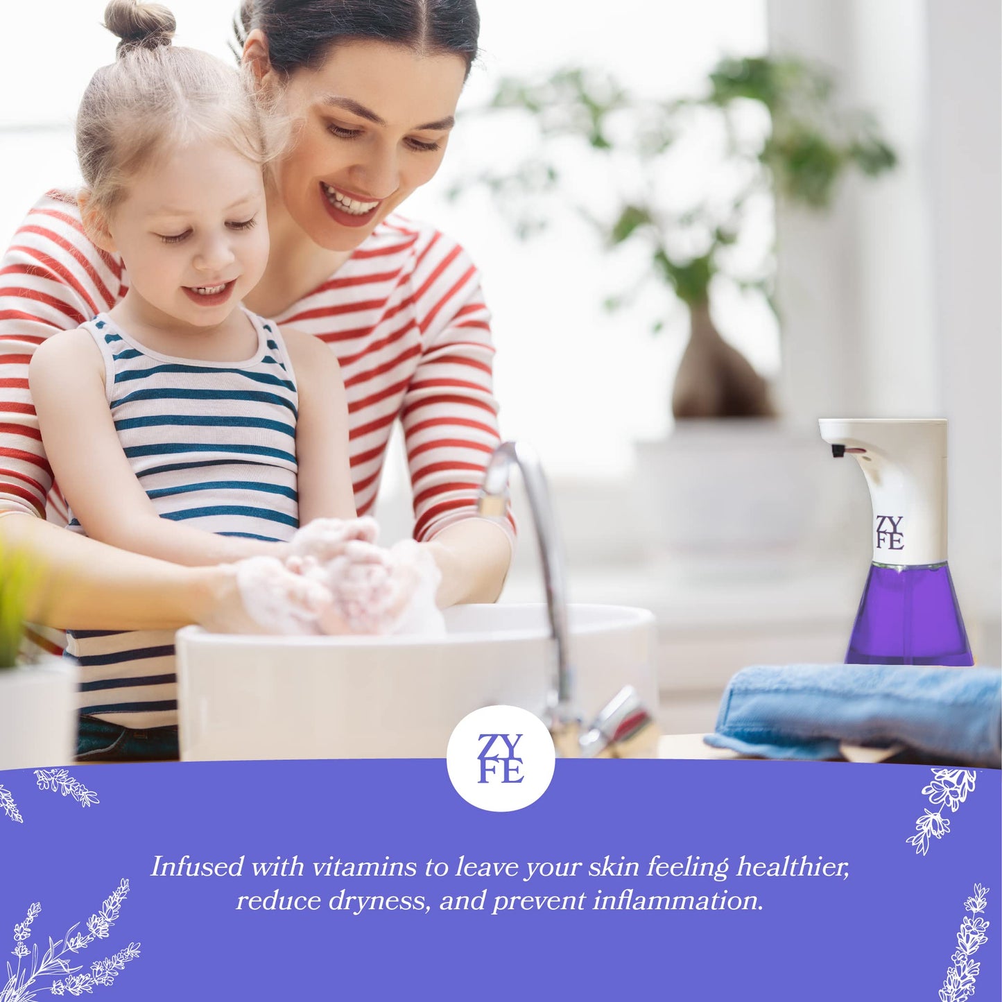 ZYFE Eco Friendly Hand Soap Refills Family Pack - Pland Dervied Liquid Handsoap With 5x Vitamins - 2 12oz Pump Dispenser Bottles and 1 64oz Refill - Lavender