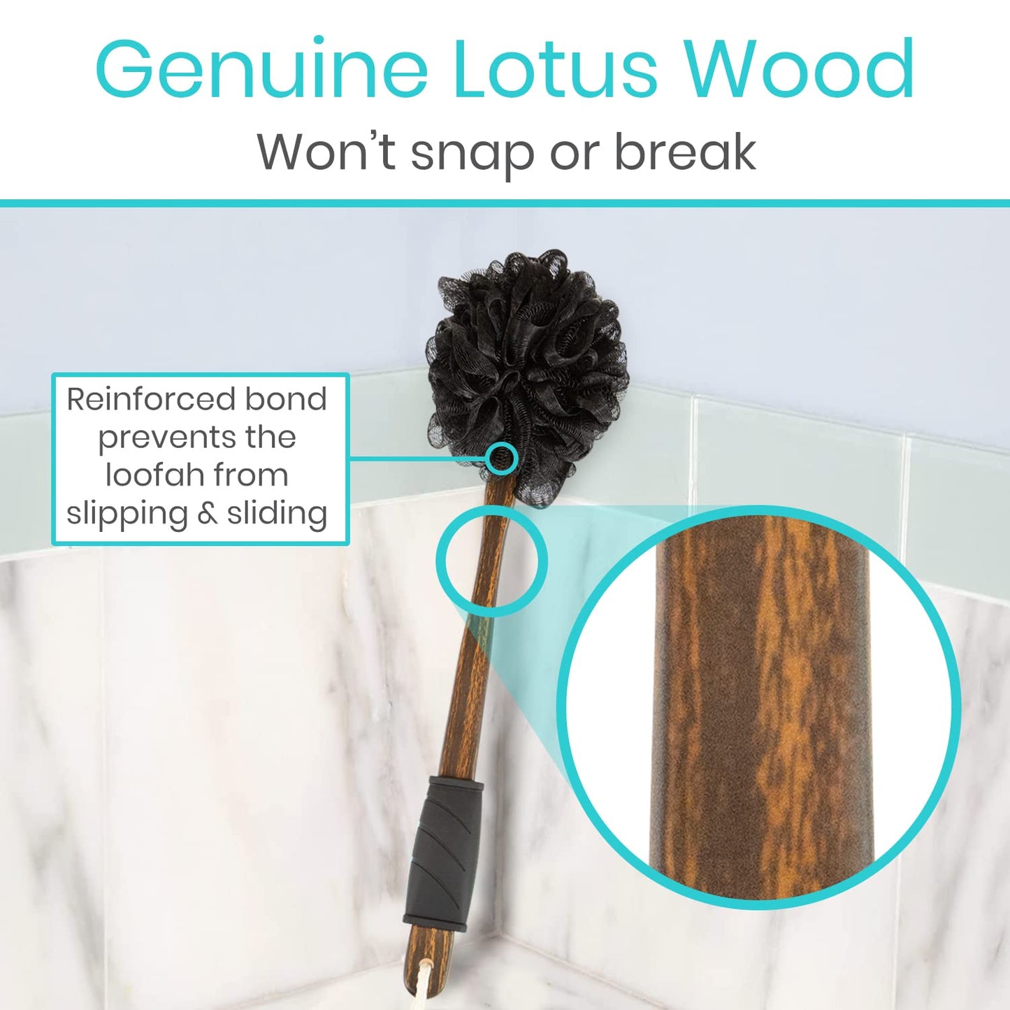 Vive 17” Shower Loofah with Long Handle - Exfoliating Back & Body Scrubber for Men & Women - Luffa Sponge on a Stick for Bathing, Cleaning - Includes Extra Handheld Lufa, Hook & String to Hang on Wall