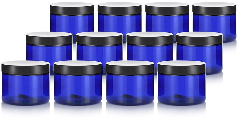 (12 pack) 6 oz Cobalt Blue PET Plastic Jar with Black Smooth Lid Storage Containers