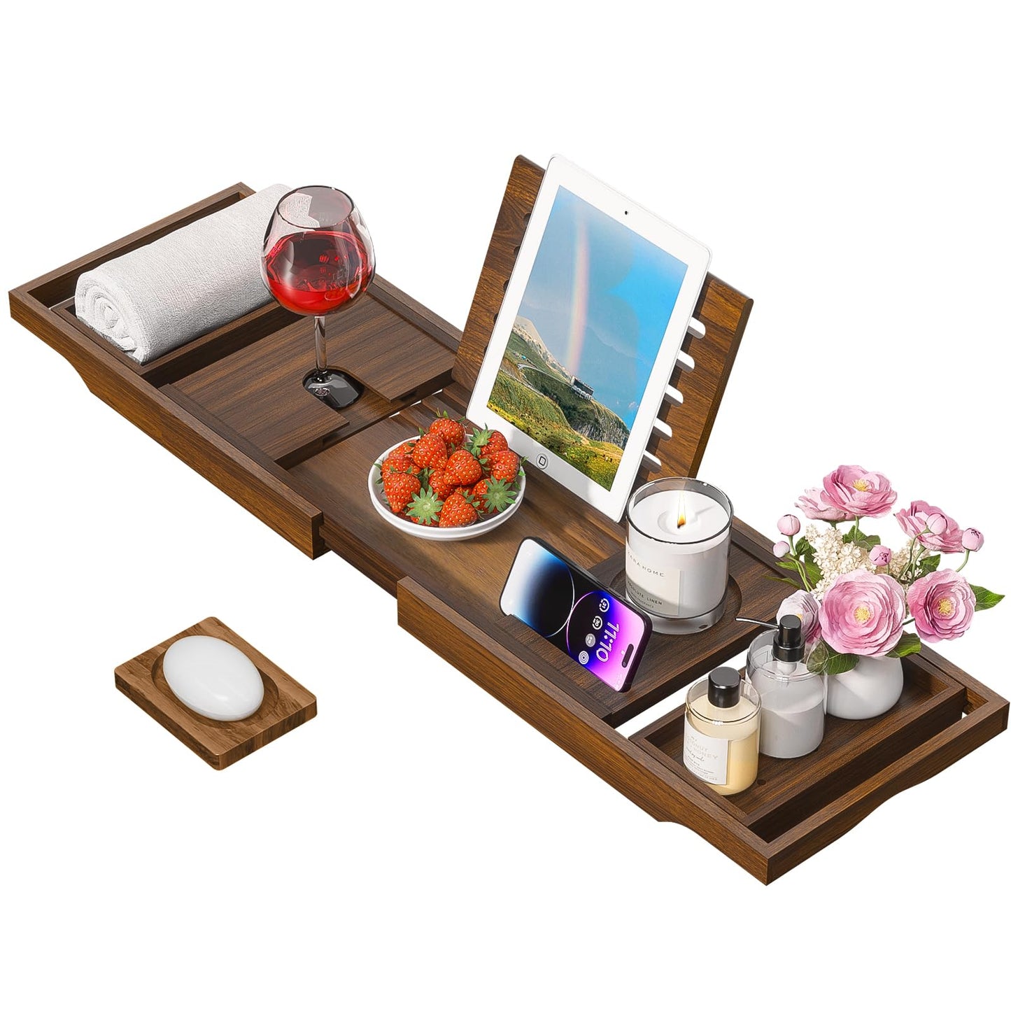 Wooden Bathtub Tray for Luxury Bathroom, Expandable Premium Teak Bath Tray, Adjustable Bath Accessories for Tub, as Unique Housewarming, Holiday, Birthday Gifts