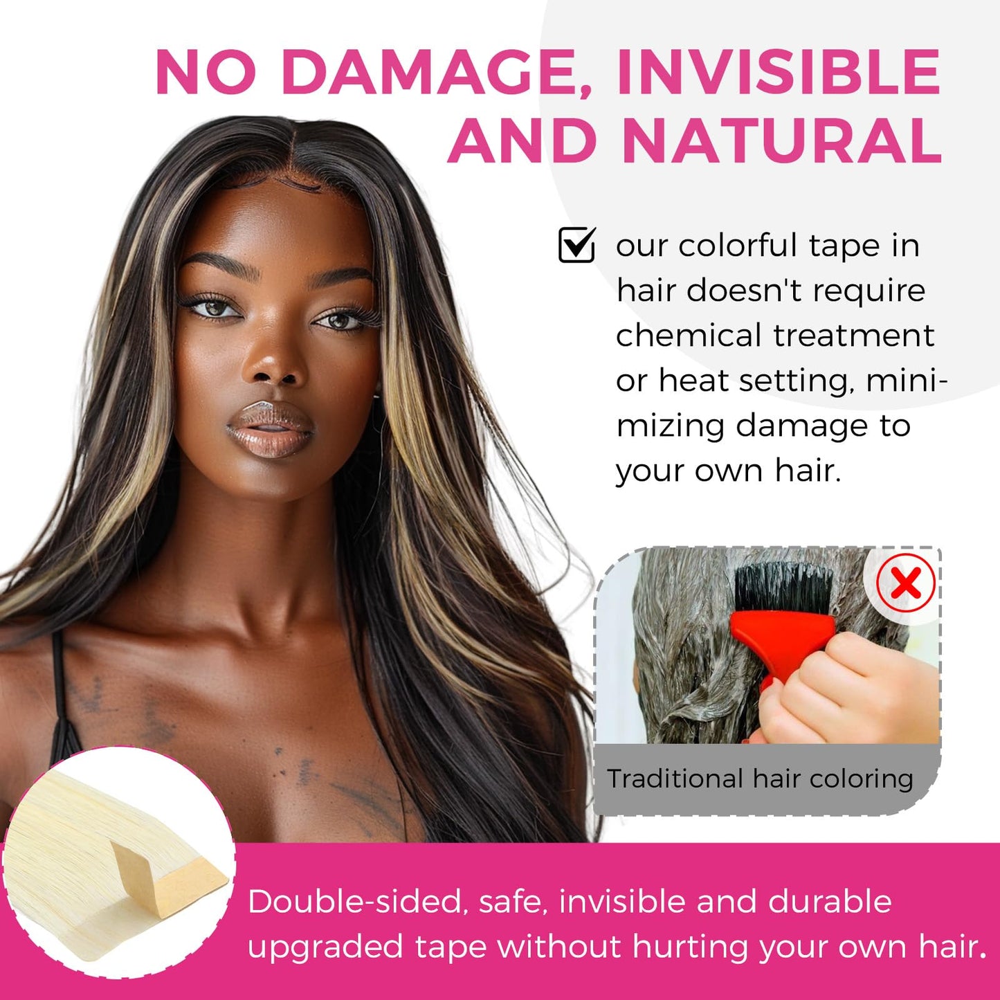 Lashey Tape in Hair Extensions 25g 10pcs 18 Inch Straight Balayage Natural Black to Light Blonde Highlighted Hair Extensions Tape in Hair for Women