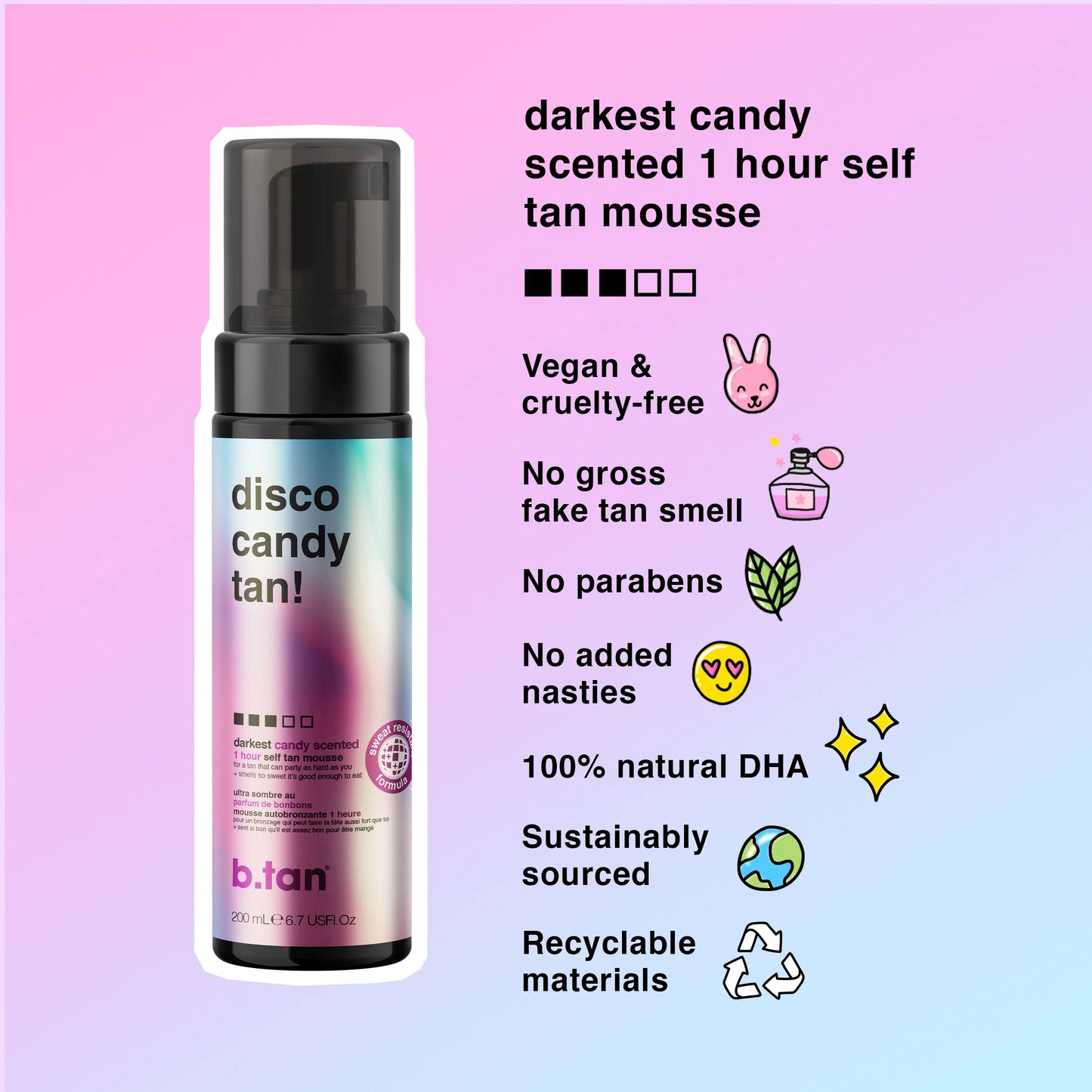 b.tan Dark Self Tanner Kit | Disco Candy Tan Bundle - 1hr Sunless Tanner Mousse, Candy-Scented, Sweat-Proof & Transfer Resistant, No Fake Tan Smell, No Added Nasties, Vegan, Cruelty Free, 6.7 Fl Oz