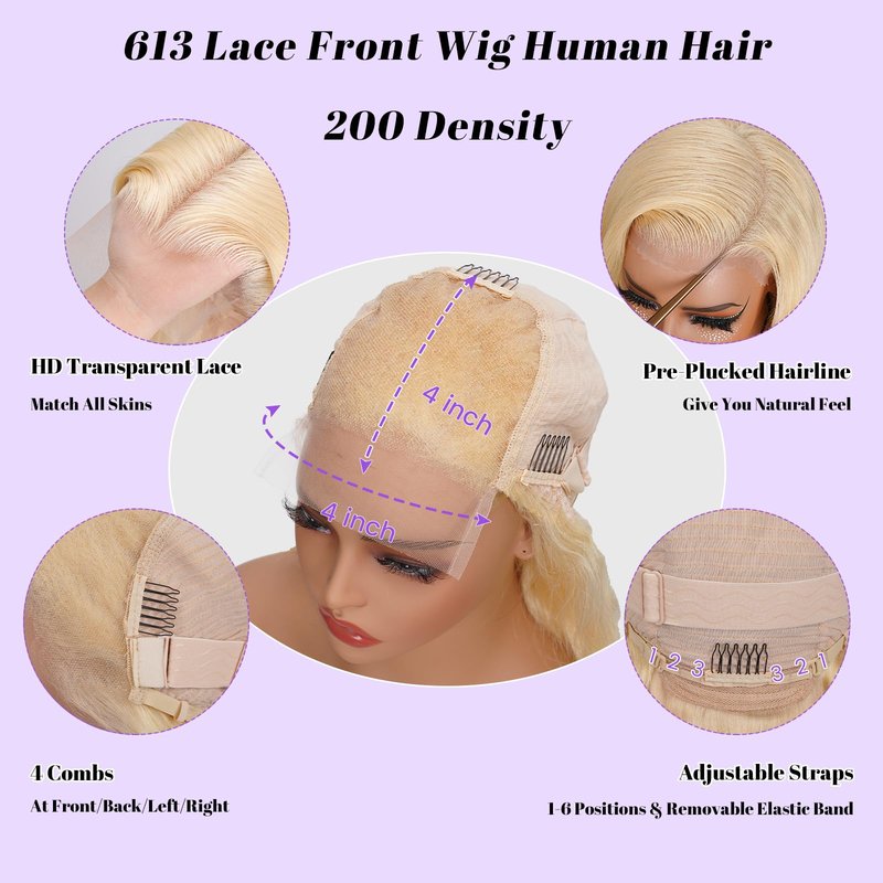 NBRUW 613 4x4 Bob Lace Front Wig Human Hair 200 Density 10 Inch Straight Bob Blonde Wig Human Hair 4x4 200 Density HD Lace Front Closure Wigs Human Hair Blonde Pre Plucked for Women