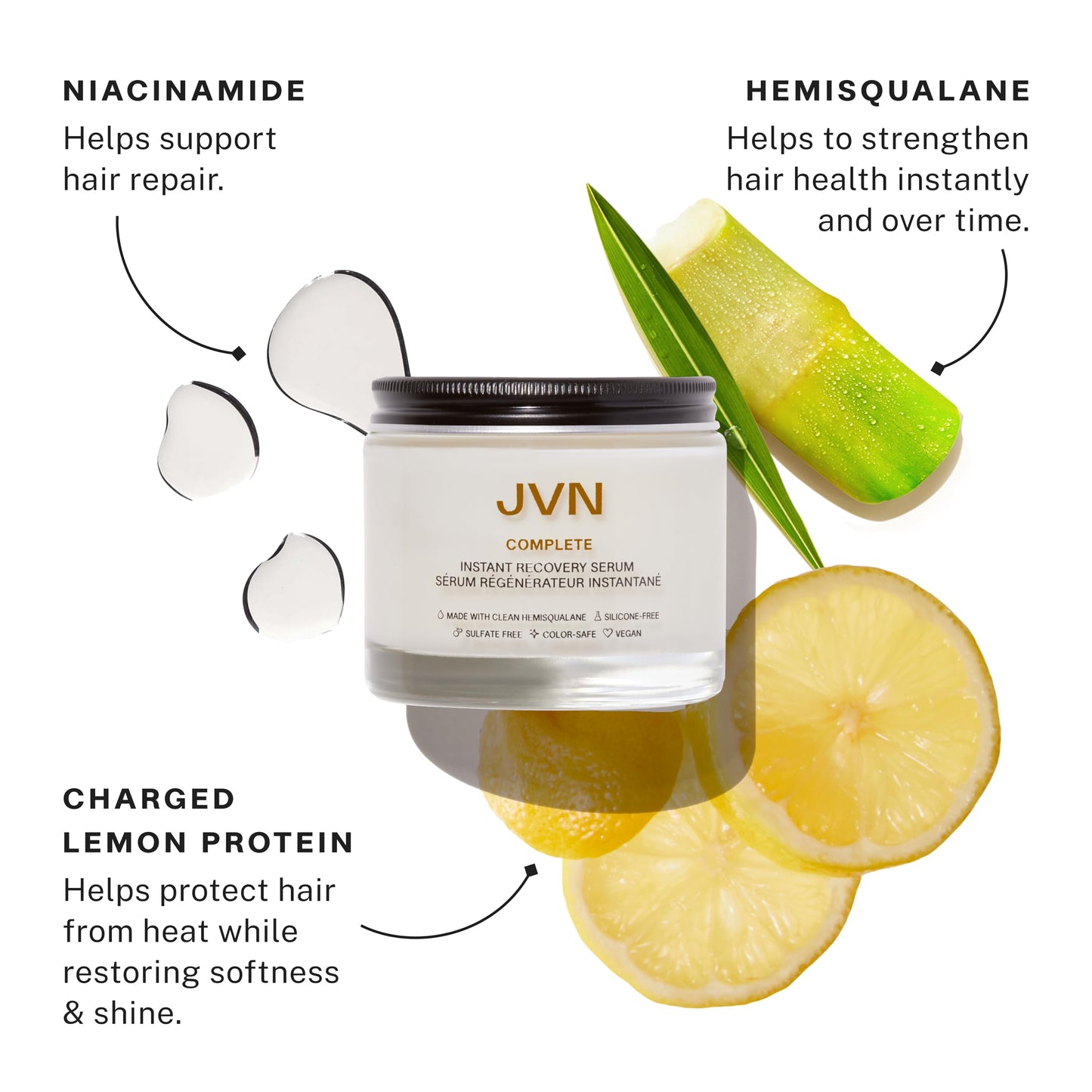 JVN Complete Instant Recovery Hair Serum, 3.4 Fl Oz, Frizz Fighting, Heat Protectant, Hair Smoothing Cream Strengthens & Repairs Damage, Silicone Free