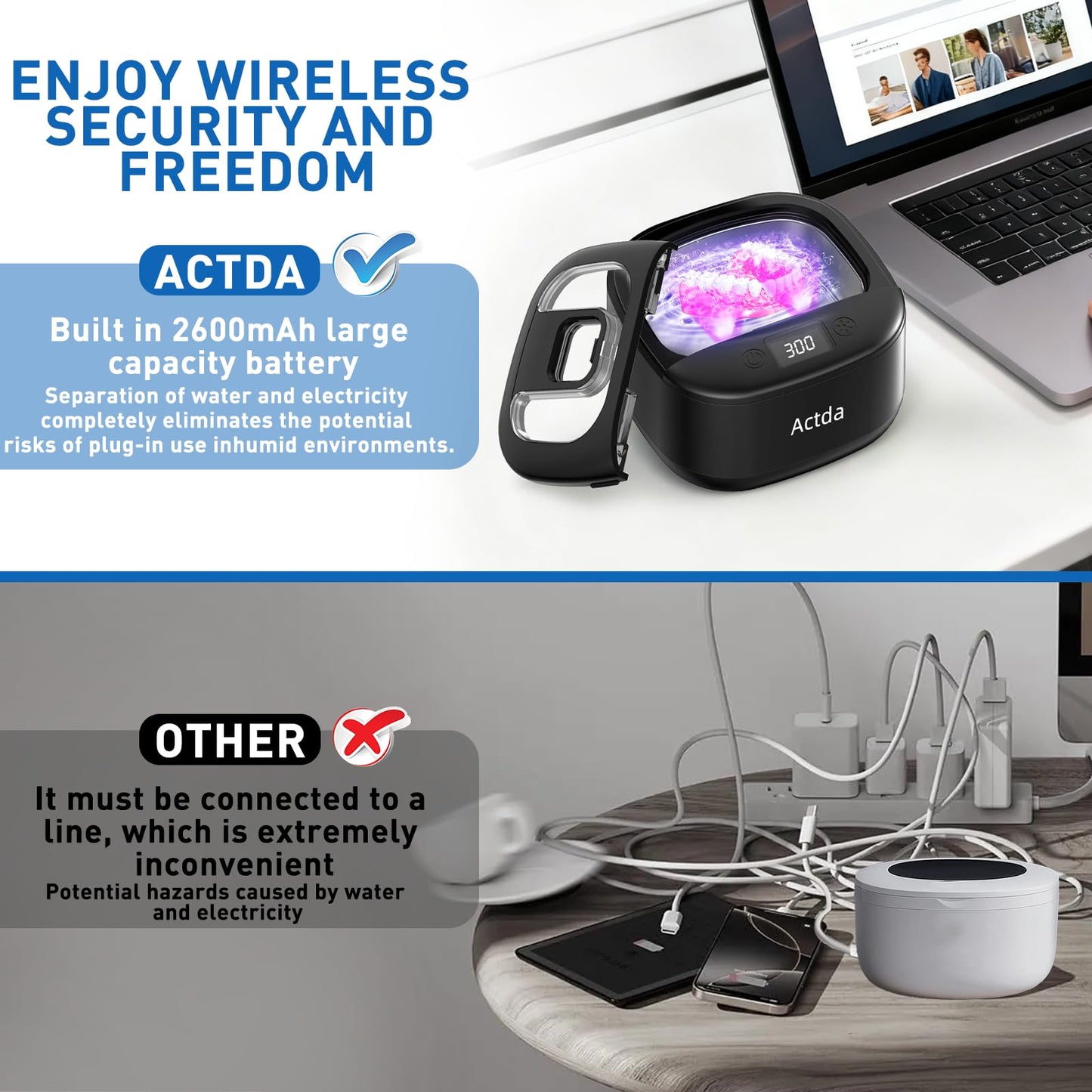 Actda Ultrasonic Retainer Cleaner, Upgraded Wireless Professional Sonic Dental Cleaning Machine, Dental Cleaning Capsule, Night Guard Cleaner for Dentures,