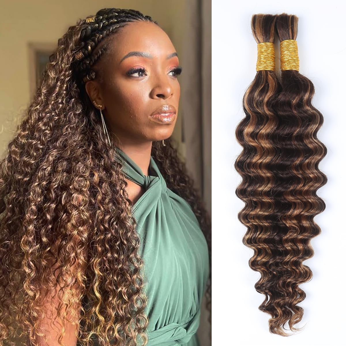 Deep Water Wave Curly Bulk Human Hair - Brazilian Virgin Hair for Micro Boho Braids | 100g, 22 Inch, P4/30 Highlight