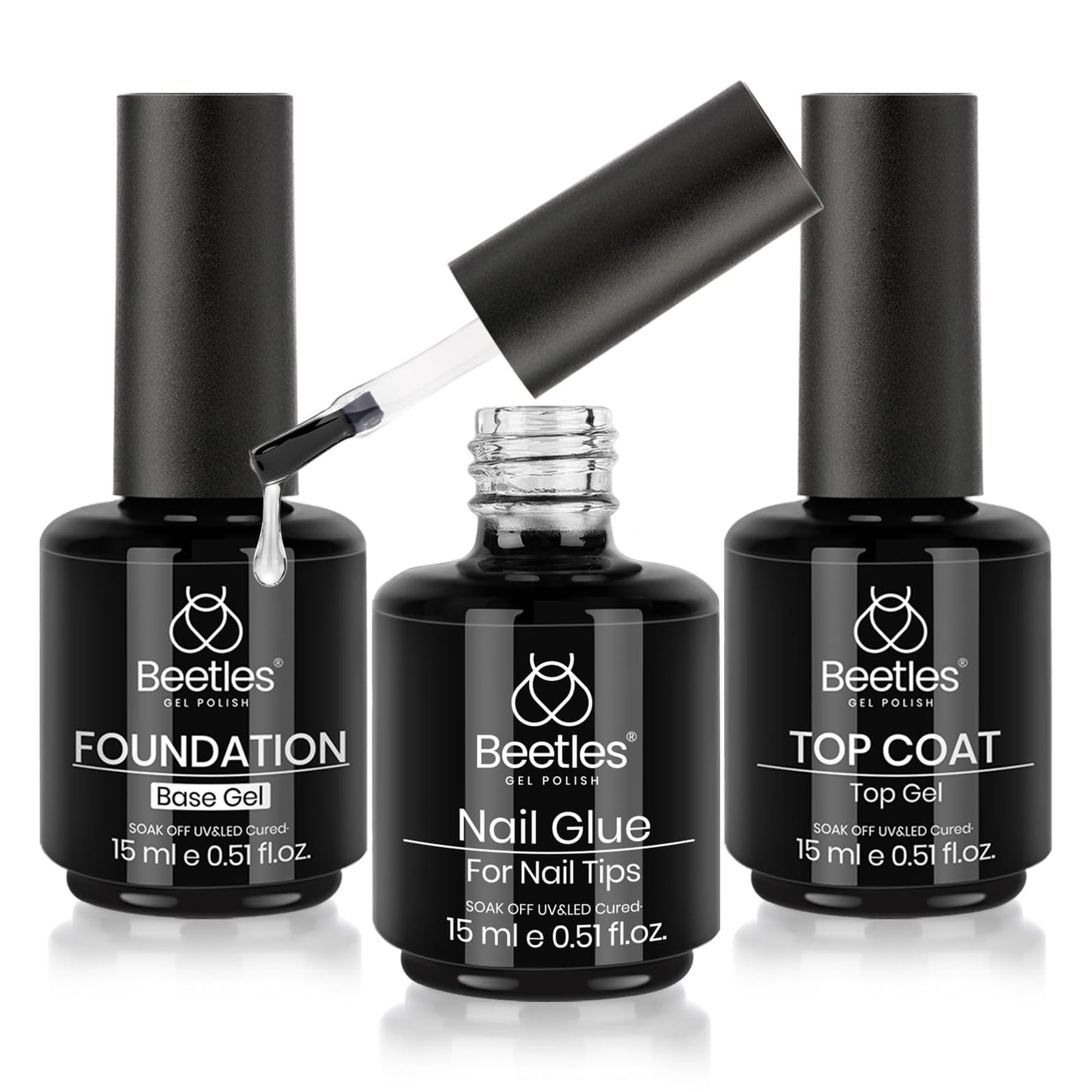 Beetles Top Coat Base Gel & Nail Glue Set-3Pcs No Wipe Top Coat,with Beetles French Tip Press On Nails - 150 Pcs Pink Short Square French Gel Nail,