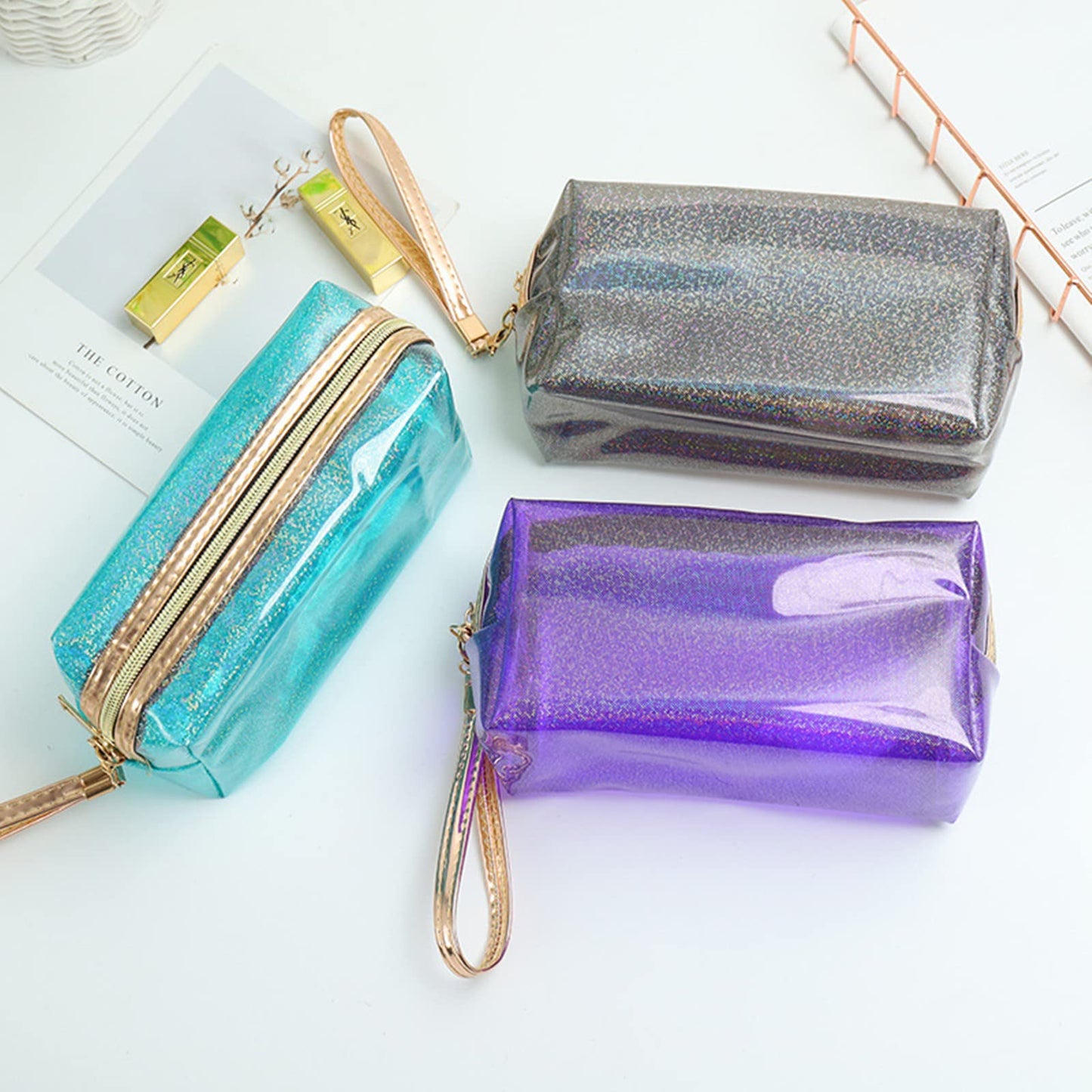 Lyellfe 8 Pack Waterproof Cosmetic Bags, PVC Glitter Iridescent Makeup Bags With Handle Zipper, Portable Holographic Gift Bags in Bulk, Small Toiletry Pouch Purse for Medicine, Travel, Woman
