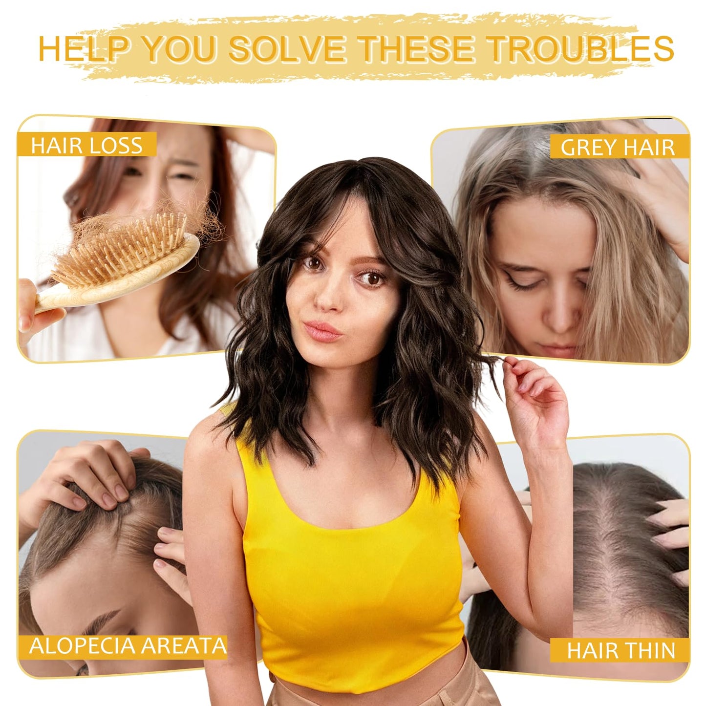 TYQ Hair Toppers for Women with Thinning Hair,14 Inch 360° 3D Synthetic Curly Wavy Side Part Clip in Bangs(Dark Brown Mixed Chestnut)