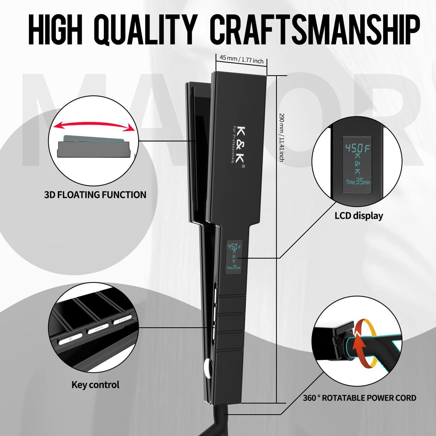 Professional Wide Titanium K&K Flat Iron 1.75 Inch Hair Straightener for Straight and Curly Hair (45mm)