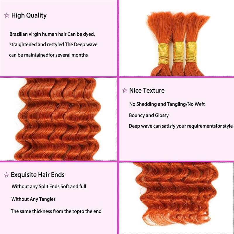 Ginger Orange Deep Wave Bulk Human Hair - 3 Bundles, 150g, 24 Inch | No Weft, 12A Curly Braiding Extensions