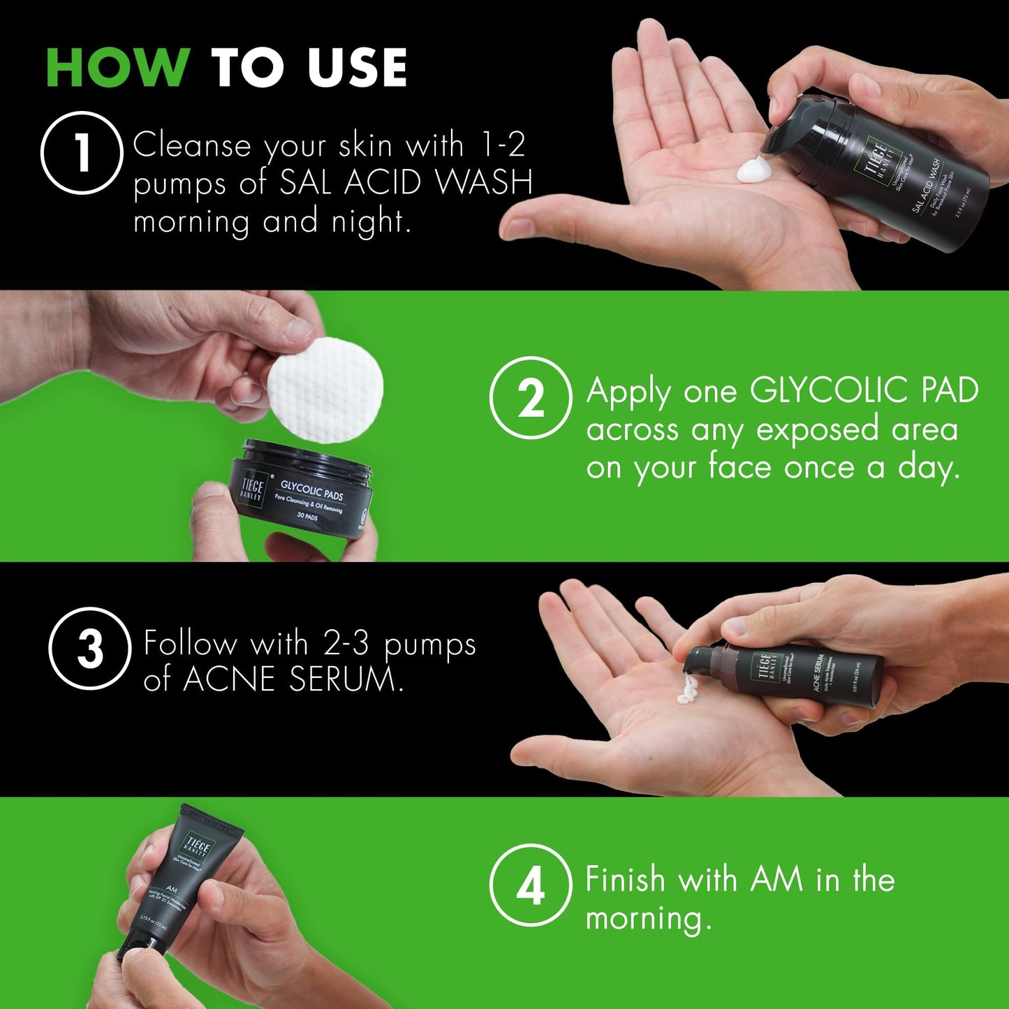 Tiege Hanley Acne Treatment Skin Care Set for Men, System Level 2, Tiegeclear Advanced Routine With Salicylic Acid Wash, Glycolic Acid Pads, Serum & Daily Moisturizer, Men’s Skin Care, 4 Piece Kit