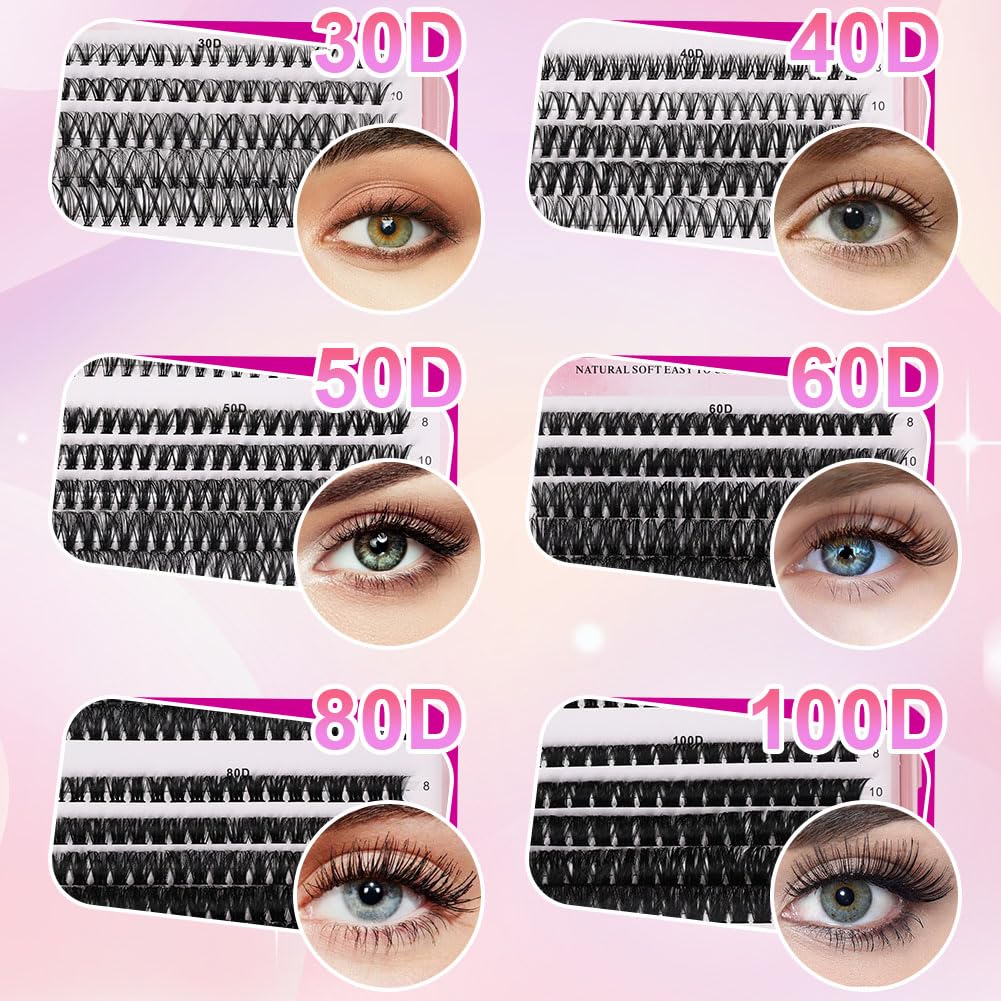 AOMIG Cluster Eyelash Extensions Kit, 570PCS Volume Fluffy Lash Clusters, 8-16mm Individual Lashes Kit with Eyelash Bond and Tweezers, Thick Eye Lash Clusters DIY Cat Eye Lashes Natural Looking