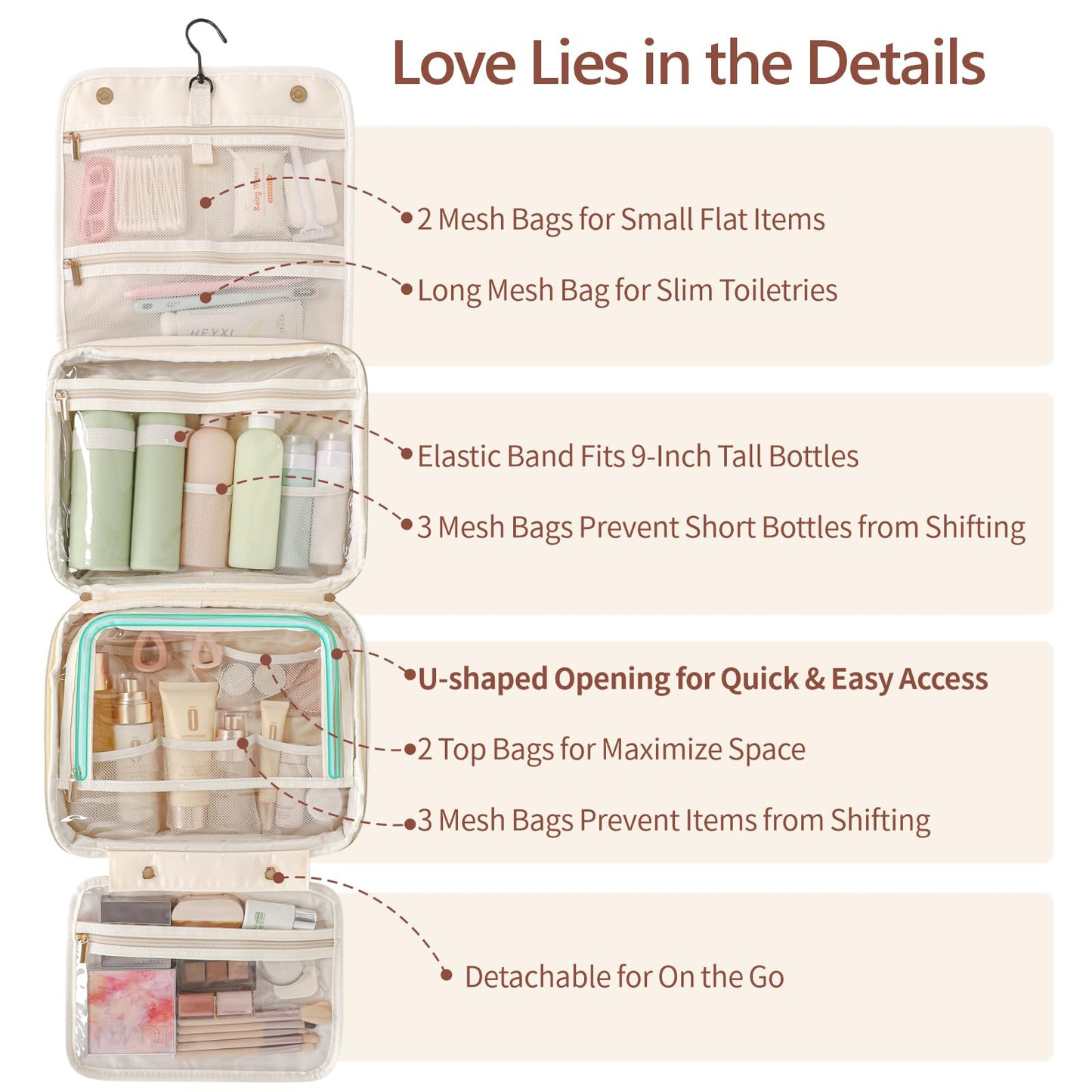 PACKISM Hanging Travel Toiletry Bag - with Clear Makeup Bag, Large Beige