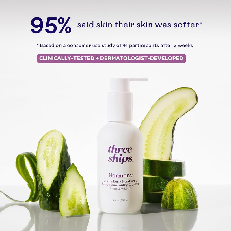 Three Ships Harmony Cucumber Kombucha Cleanser - Balance & Soothe Skin | Vegan, Cruelty-Free, 4 fl oz