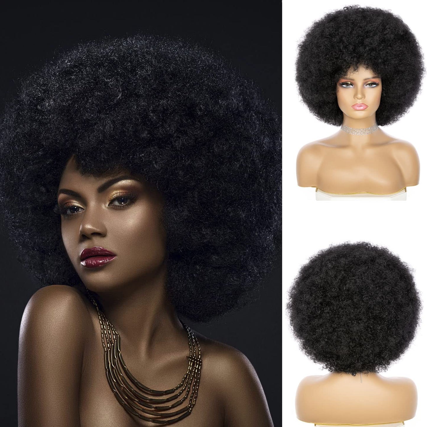 Soft Afro Wigs For Women 70s Black Afro Kinky Curly Hair Wig With Bangs
