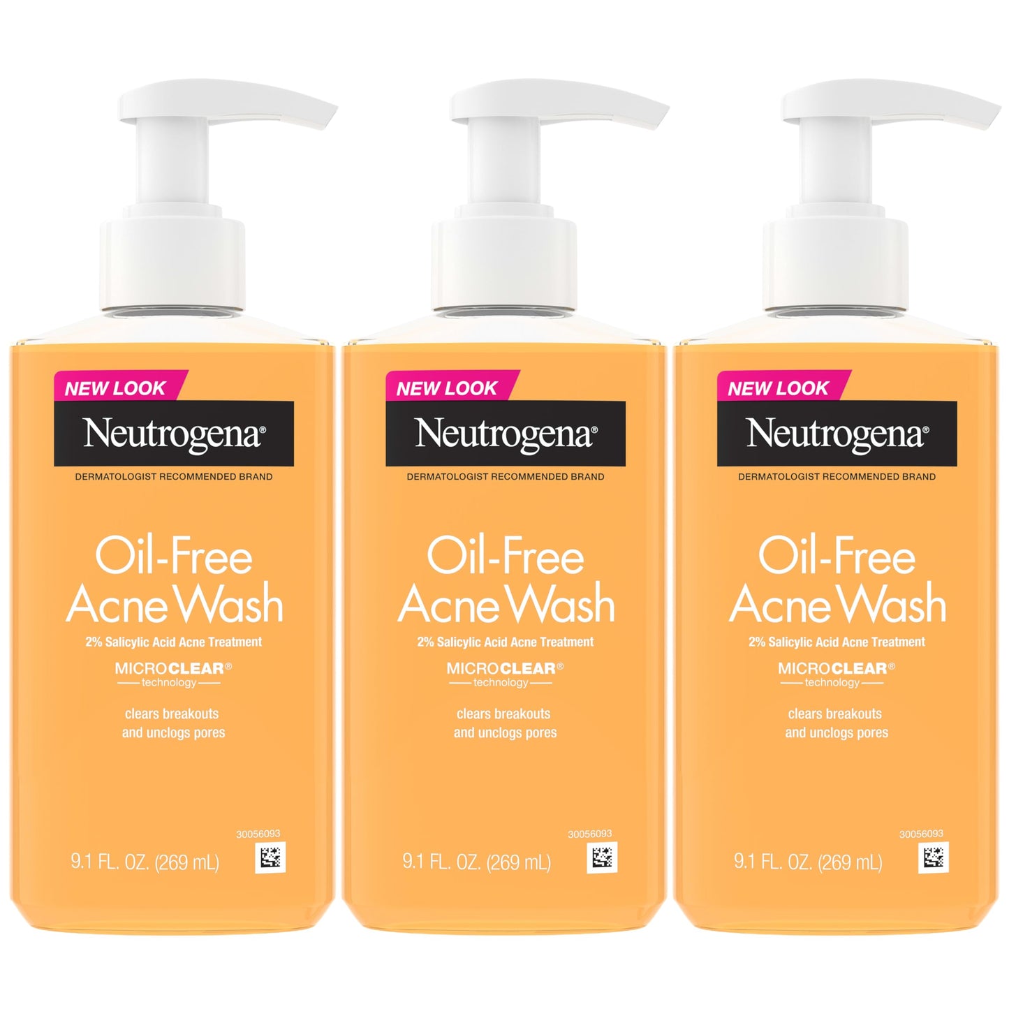 Neutrogena Oil Free Acne Face Wash for Oily Skin, Salicylic Acid Cleanser, Noncomedogenic, Residue Free, Easy Pump Bottles, 9.1 Fl Oz, 3 Count
