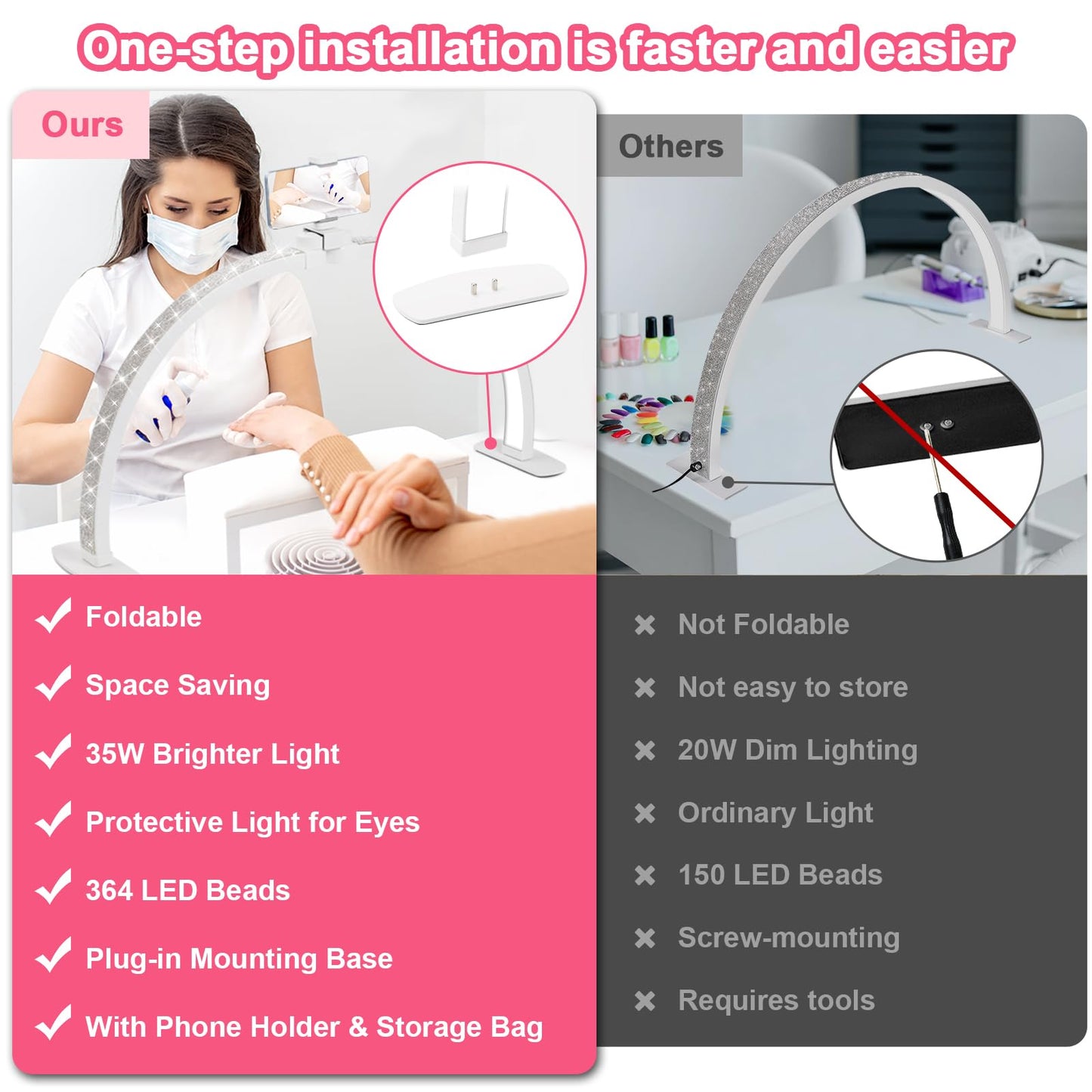 JIUYONG Upgraded Half Moon Light with Phone Holder, 29in Foldable Half Moon Light for Nail Desk, Nail Table Lamp with Stepless Dimming & Color Temperature (Large-29In)